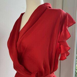 Armani Exchange Poppy Red Side-Tie Wrap Blouse With Flutter Sleeves – US M